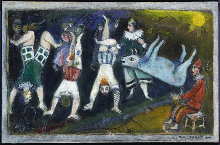 Marc Chagall, Le Cirque, 1922-1944, huile sur toile, 37,3 cm x 57,7 cm, Musée national d'art moderne - Centre de Création industrielle, Centre Georges Pompidou, en dépôt au musée national Marc Chagall. Photo © RMN-GP / Gérard Blot © ADAGP, Paris, 2020.