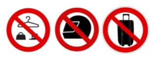 pictogrammes de casque, petit sac à dos autorisés au vestiaire. Valise non autorisée