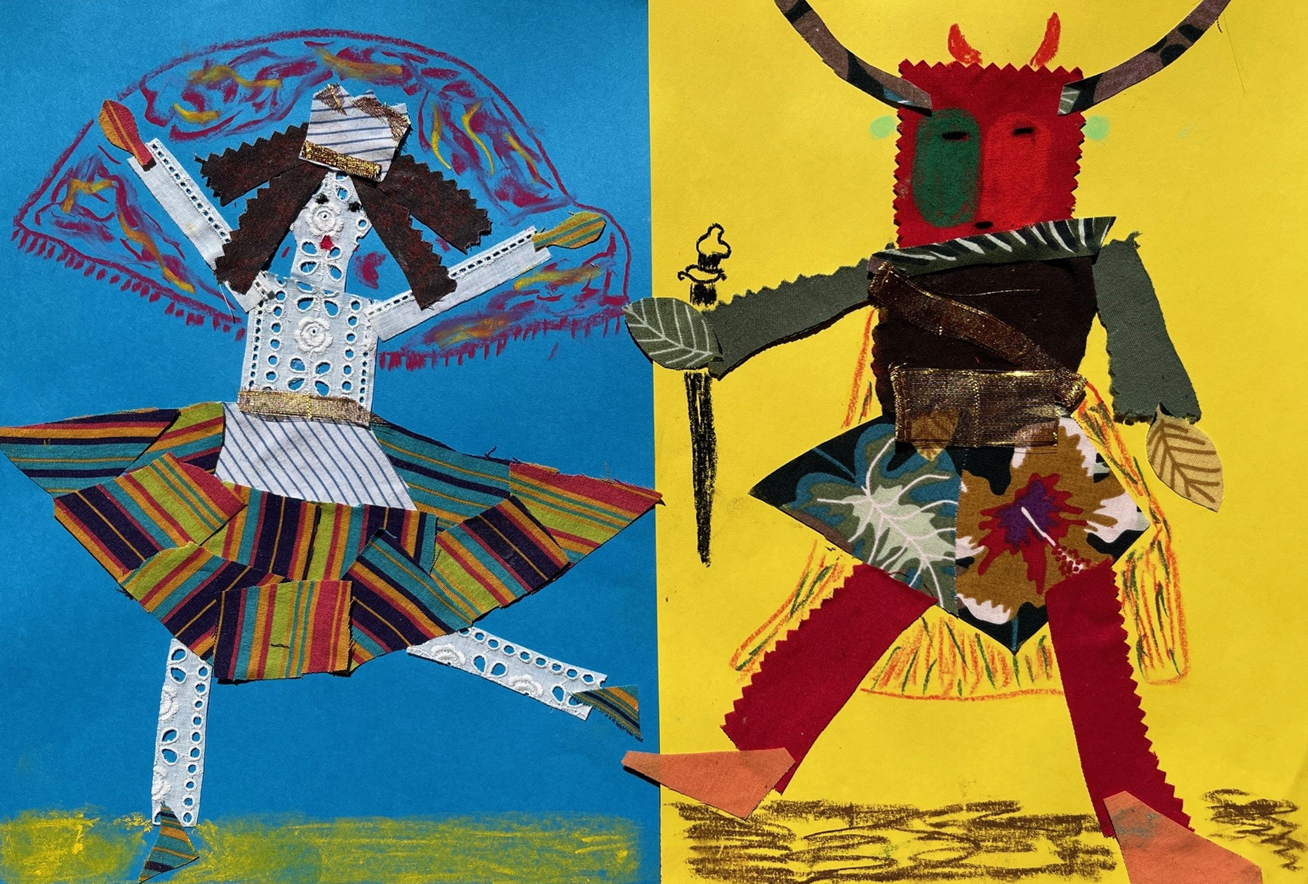 Visuel de l'activité créative, représentant 2 personnages fantastiques réalisés en découpages