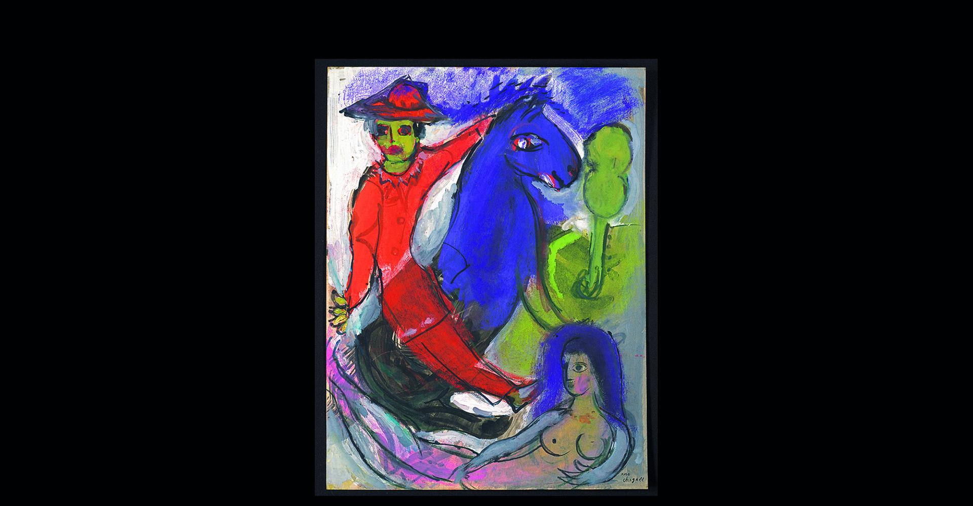 Marc Chagall, Cavalier mexicain rouge, cheval violet, 1943, gouache, pastel, encre de Chine. musée Chagall, Nice (c) Adagp, Paris, 2024