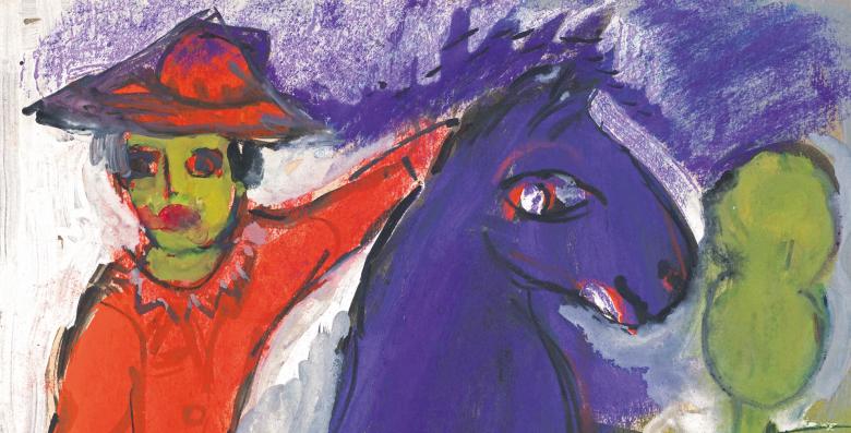 Marc Chagall, Le Cavalier mexicain en rouge et son cheval violet (détail, 1943), gouache, pastel, encre de Chine et grattage sur papier, 50,6 x 37,8 cm. Photo: © DR / musées nationaux du XXe siècle des Alpes-Maritimes © ADAGP, Paris, 2024.