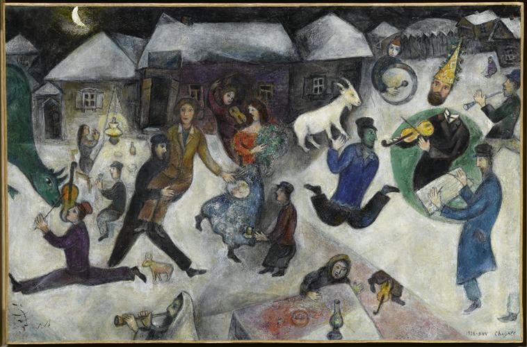Marc Chagall, Les Arlequins, 1922-1944, huile sur toile, 56,5 cm, 86,8 cm, Musée national d'art moderne - Centre de Création industrielle, Centre Georges Pompidou, en dépôt au musée national Marc Chagall. Photo © RMN-GP / Gérard Blot © ADAGP, Paris, 2020.