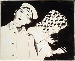  Marc Chagall, Couple de paysans ou Départ pour la guerre, 1914. Mine graphite, encre, gouache blanche sur papier. Coll. MNAM - centre Pompidou (c) ADAGP, Paris, 2024