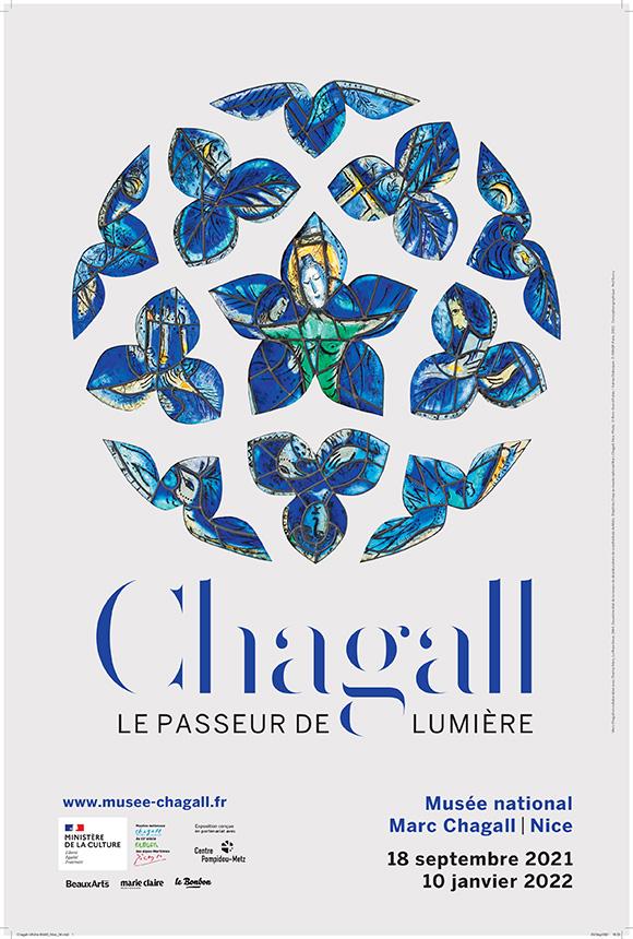 Affiche exposition Chagall, le passeur de lumière. Graphisme : Neil Gurry. (c) Adagp, Paris, 2021