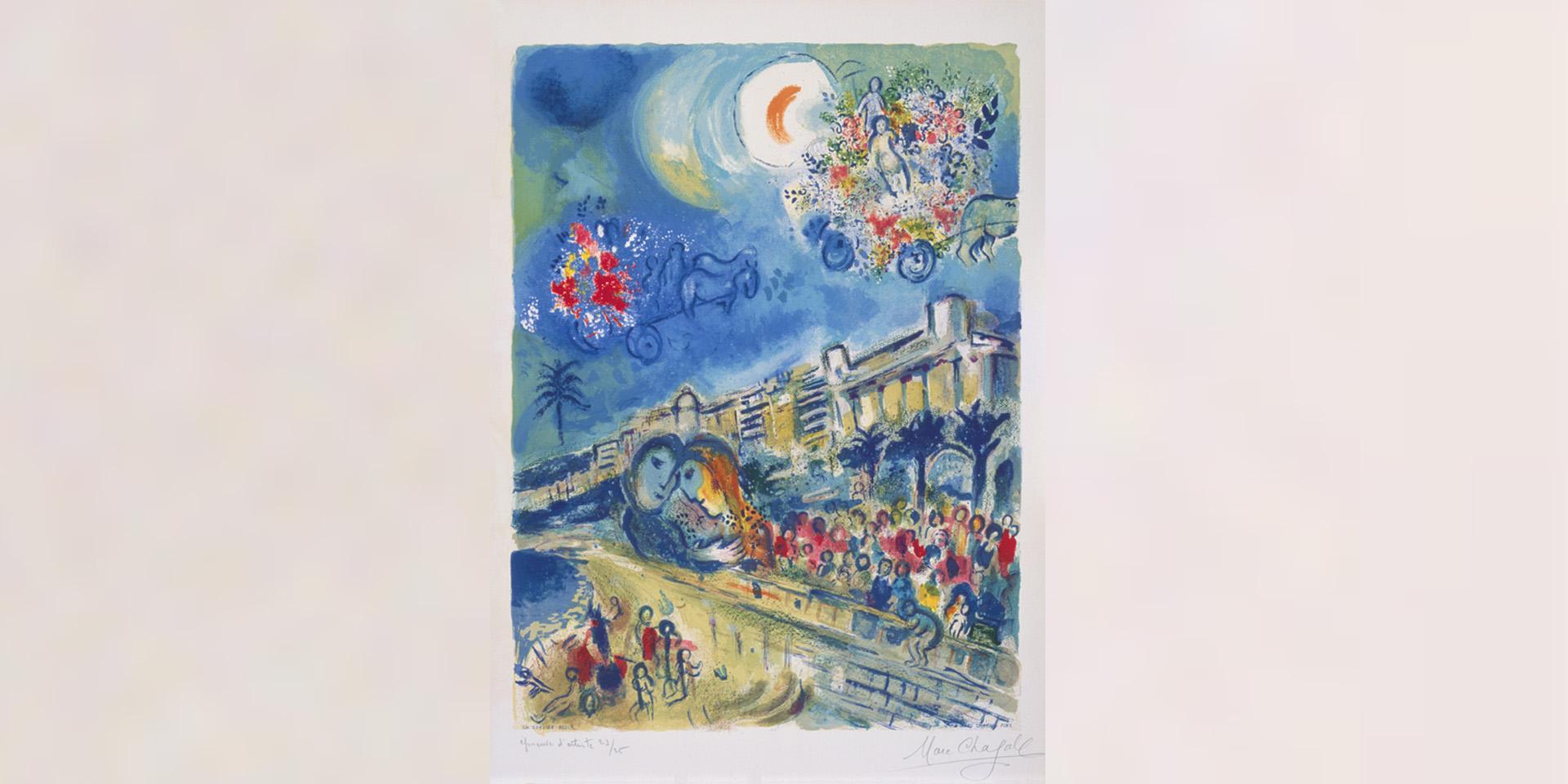 Marc Chagall, "Bataille de fleurs", lithographie sur papier appartenant à la série Nice et la Côte d¹Azur, 1967. Lithographie d’interprétation gravée par Charles Sorlier sous la direction de Marc Chagall, CS 33. Collection particulière. Archives Marc et Ida Chagall, Paris © Adagp, Paris 2021.