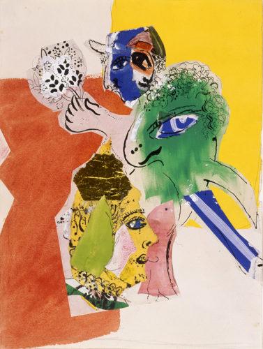 Marc Chagall, Profil d’Arlequin au cheval vert, 1966. Aquarelle, gouache, encre de Chine, crayon, superposition de papiers collés et papier doré sur papier, 34,7 × 26,5 cm. Collection particulière © Paris, Archives Marc et Ida Chagall © ADAGP, Paris 2020