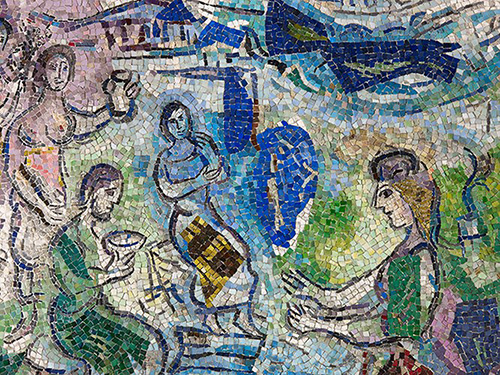 Marc Chagall, Le Message d'Ulysse, 1968 (détail, mosaïque). Nice, Faculté de Droit et Science politique © Photo: François Fernandez © ADAGP, Paris, 2024.