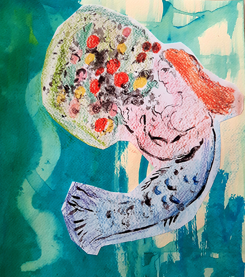 dessin, sirène, bouquets de fleurs, couleurs, inspiré de Marc Chagall, 2024
