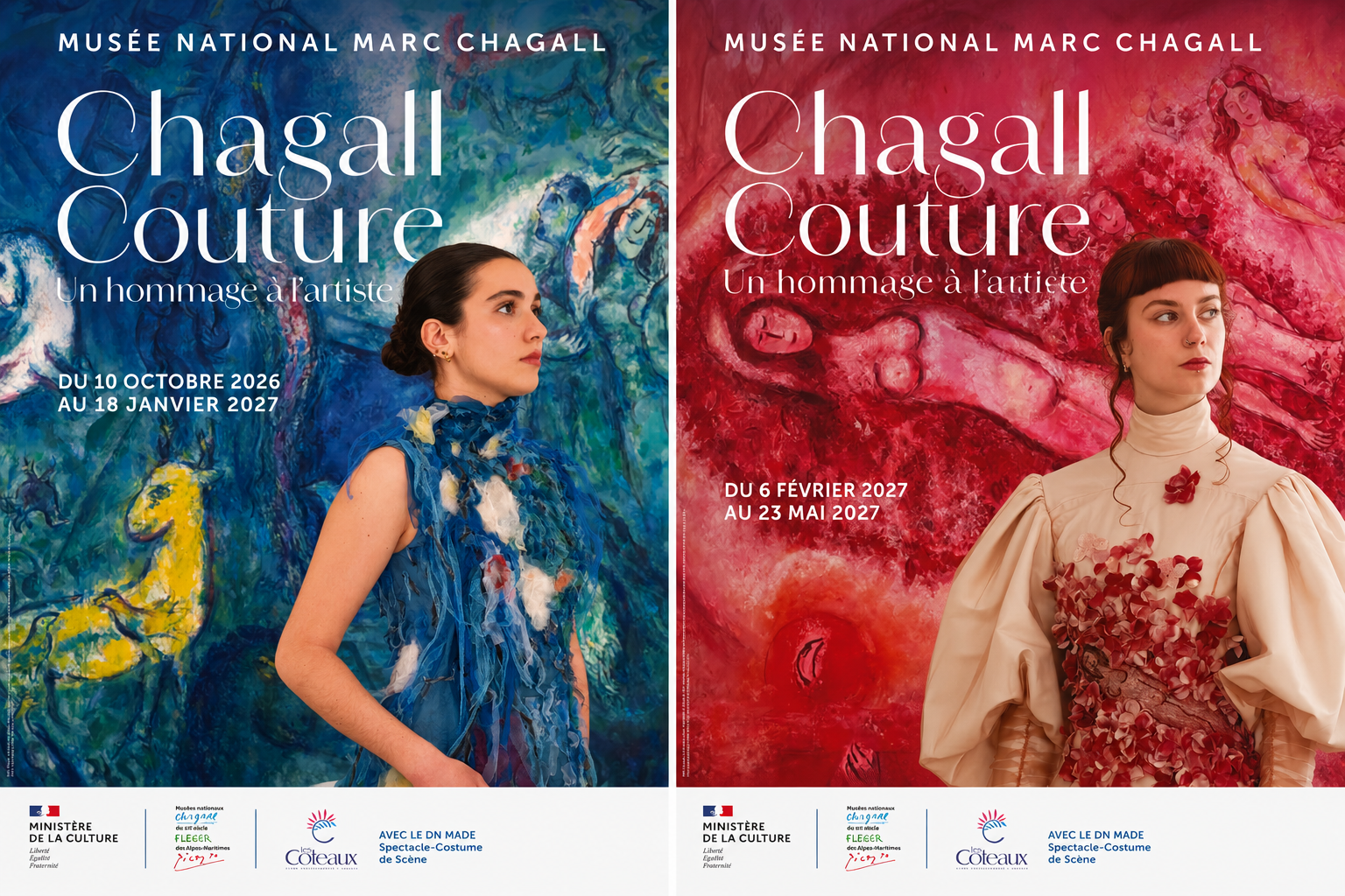Deux affiches des deux volets de "Chagall couture" mises bout à bout