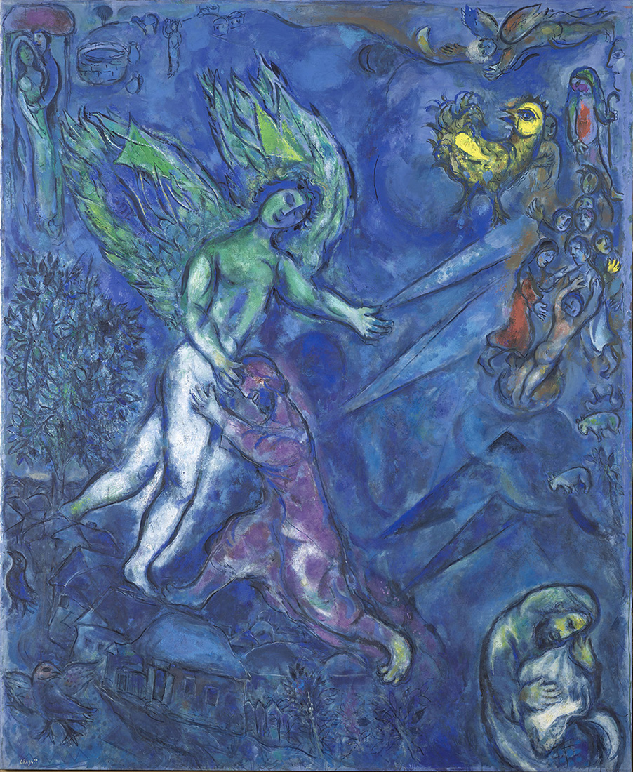 La Lutte de Jacob et de l'ange, tableau de Marc Chagall,  (1960-1966) : dans une composition à dominante bleu et violet, on voit Jacob de profil, luttant contre la figure ascendante d'un ange qui paraît plus grand que lui.