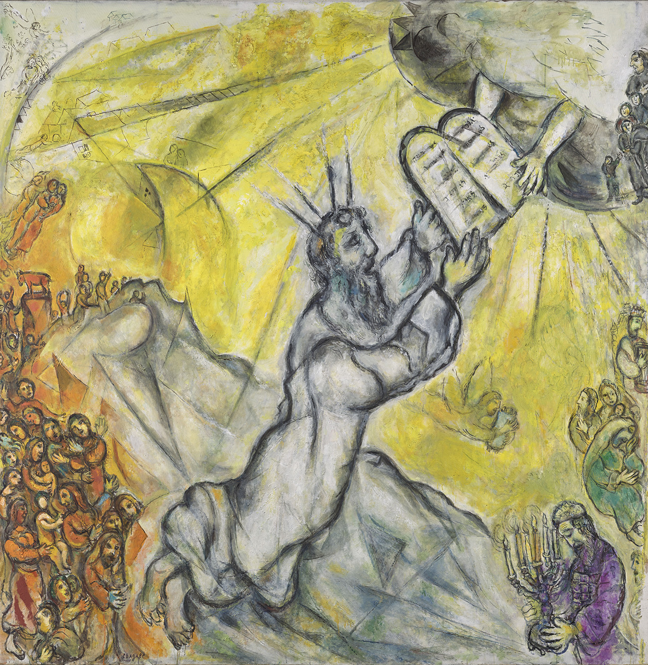 Marc Chagall, Moïse recevant les tables de la Loi, 1960-1966. Peinture montrant Moïse agenouillé sur un rocher et recevant les Tables des mains de Dieu, sortant d'un nuage.