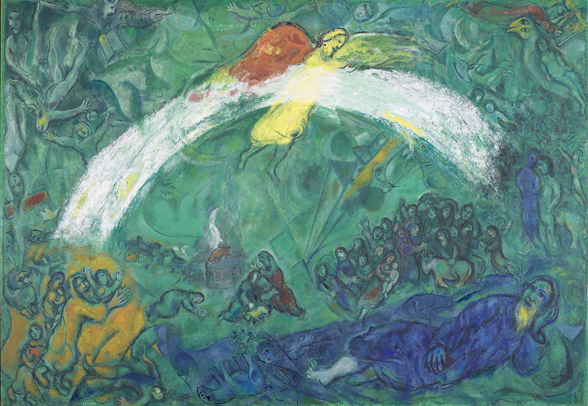 Noé et l'arc-en-ciel, 1961-1966, peinture de Marc Chagall : on voit Noé, en tunique bleue et allongé dans la partie basse de la composition, il se repose. Au-dessus de lui, un grand arc-en-ciel blanc traversé par la silhouette jaune de Dieu. Autour de lui, différents peuples représentés se confondant avec le fond vert de la toile.