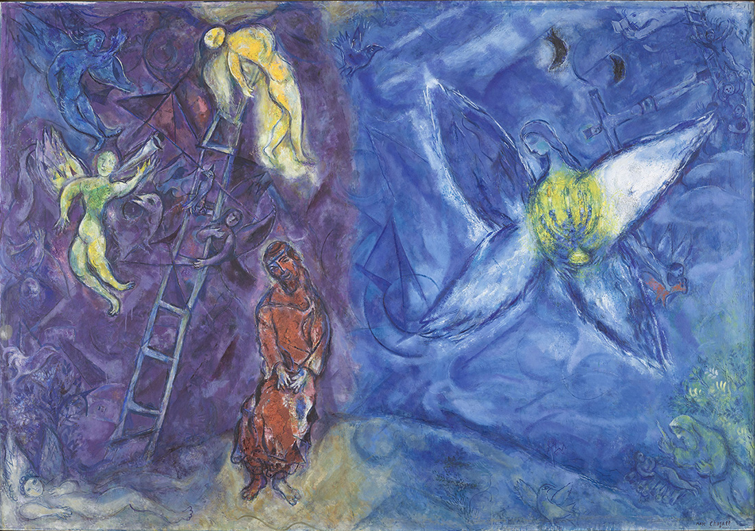 Le Songe de Jacob, peinture de Marc Chagall (1960-1966) : le tableau est composé de deux parties, à gauche on voit, sur un fond violet, Jacob endormi et l'image de son rêve, des anges montant à l'échelle. A droite, sur un fond bleu, un ange de grande taille, portant un chandelier allumé.