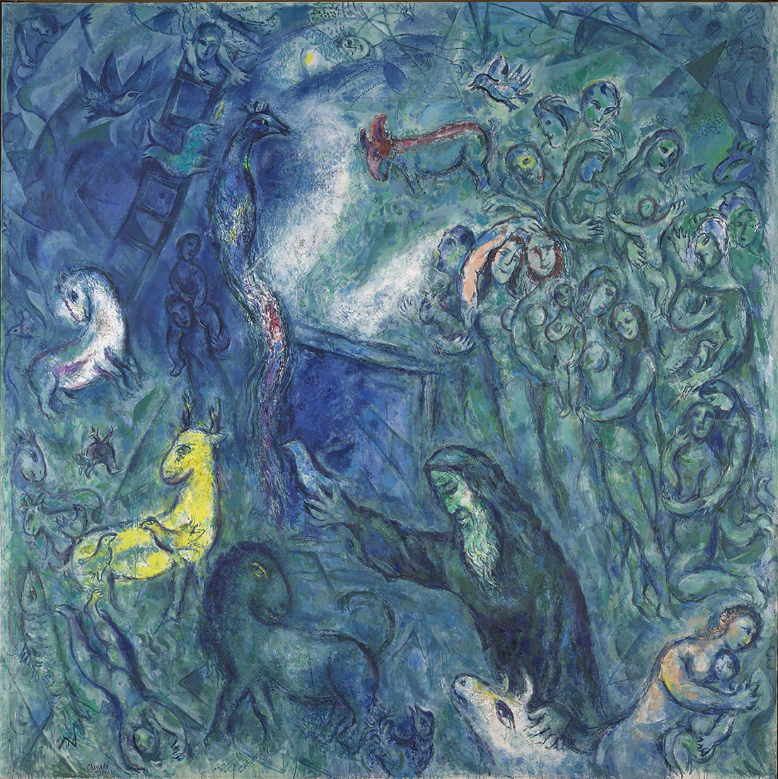 L'Arche de Noé, tableau de Marc Chagall (1961-1966) : on voit Noé, vieil homme barbu de profil, qui montre à des couples d'animaux l'entrée d'un navire. Tandis qu'une foule humaine tout autour se confond avec le flots bleu vert de la mer.