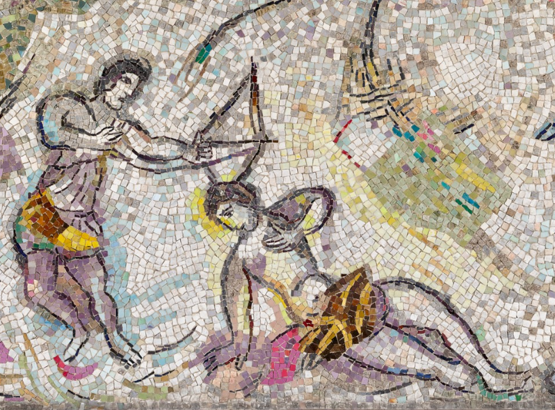 Détail de la mosaique montrant Ulysse tenant l'arc