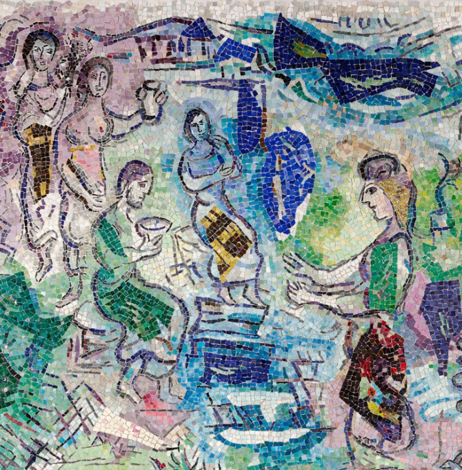 Détail de la mosaique présentant les dieux lors de l'assemblée 