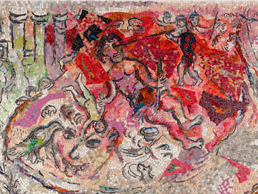 Détail de la mosaique montrant Ulysse qui terrasse le Cyclope Polypheme 