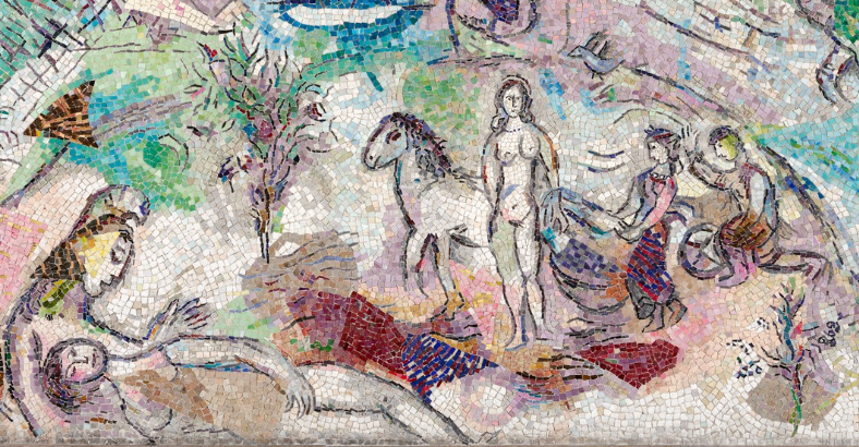 détail de la mosaique montrant Nausicaa qui recueil Ulysse blessé