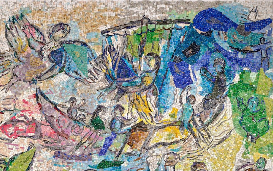 détail de la mosaique montrant Ulysse et ses compagnon sur leur navire, entouré de sirène mi-femme mi-oiseau