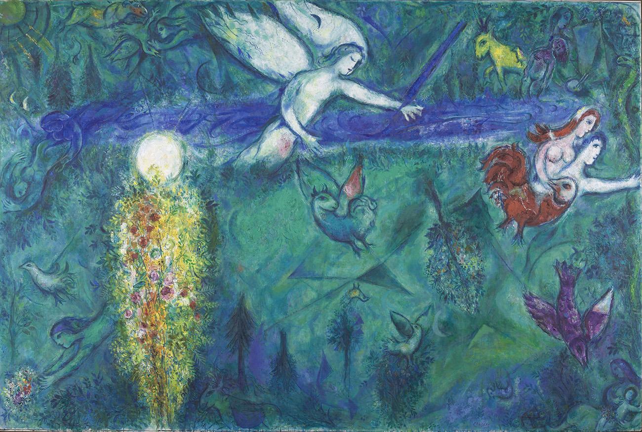 Marc Chagall, Adam et Eve chassés du Paradis, poursuivis par un ange, peinture dans les tons dominantes bleu et vert, 1961, huile sur toile, cycle peint du Message Biblique
