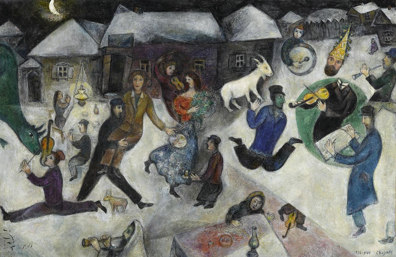 Marc Chagall, Les Arlequins, 1924, personnages dansant ou réalisant des acrobaties dans un paysage de neige, 1922-1924, huile sur toile