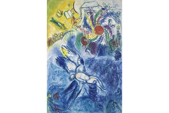 La Création de l'homme : tableau de Chagall, datant de 1958, dans les tons bleu et jaune, représentant un ange portant un homme endormi.