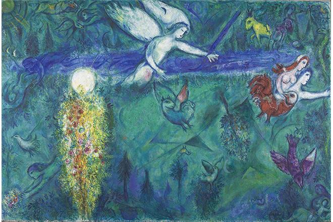  Marc Chagall, Adam et Eve chassés du Paradis, poursuivis par un ange, peinture dans les tons dominantes bleu et vert, 1961, huile sur toile, cycle peint du Message Biblique
