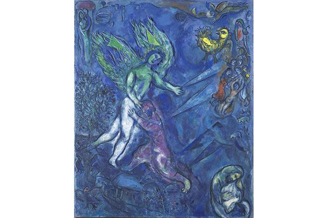 La Lutte de Jacob et de l'ange, tableau de Marc Chagall,  (1960-1966) : dans une composition à dominante bleu et violet, on voit Jacob de profil, luttant contre la figure ascendante d'un ange qui paraît plus grand que lui.