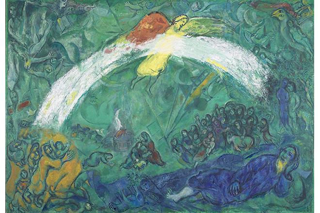 Noé et l'arc-en-ciel, 1961-1966, peinture de Marc Chagall : on voit Noé, en tunique bleue et allongé dans la partie basse de la composition, il se repose. Au-dessus de lui, un grand arc-en-ciel blanc traversé par la silhouette jaune de Dieu. Autour de lui, différents peuples représentés se confondant avec le fond vert de la toile.