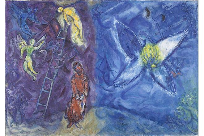 Le Songe de Jacob, peinture de Marc Chagall (1960-1966) : le tableau est composé de deux parties, à gauche on voit, sur un fond violet, Jacob endormi et l'image de son rêve, des anges montant à l'échelle. A droite, sur un fond bleu, un ange de grande taille, portant un chandelier allumé.