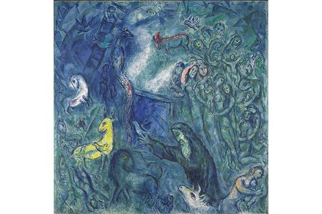 L'Arche de Noé, tableau de Marc Chagall (1961-1966) : on voit Noé, vieil homme barbu de profil, qui montre à des couples d'animaux l'entrée d'un navire. Tandis qu'une foule humaine tout autour se confond avec le flots bleu vert de la mer.