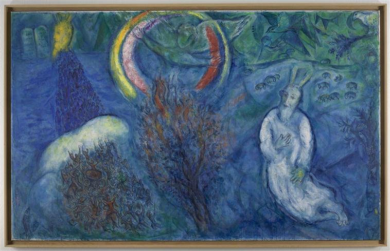 Marc Chagall, Moïse et le buisson ardent, 1960-1966, huile sur toile, 195 cm x 312 cm, donation Marc et Valentina Chagall, 1966, musée national Marc Chagall, Nice. Photo © RMN-GP / Gérard Blot © ADAGP, Paris, 2020.