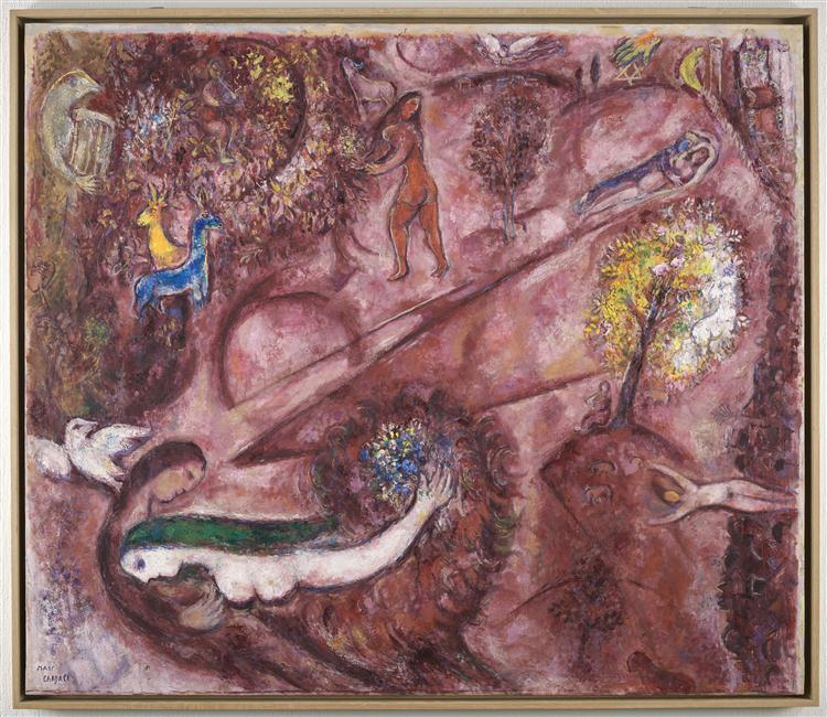  Marc Chagall, Le Cantique des Cantiques I, 1960, huile sur papier entoilé, 146,5 cm x 171,5 cm, donation Marc et Valentina Chagall, 1966, musée national Marc Chagall, Nice. Photo © RMN-GP / Gérard Blot © ADAGP, Paris, 2020.