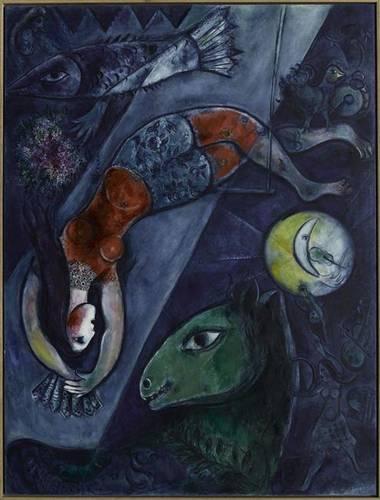 Marc Chagall, Le Cirque bleu, 1950, huile sur toile, 232,5 cm x 175,8 cm, Musée national d'art moderne - Centre de Création industrielle, Centre Georges Pompidou, en dépôt au musée national Marc Chagall. Photo © RMN-GP / Gérard Blot © ADAGP, Paris, 2020.