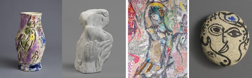 Marc Chagall, Vase mauve (1962) ; Deux têtes à la main (1952-1953); Le Message d'Ulysse (détail, mosaïque, 1968); Visage et Animaux, galet en grès gris peint (1967) - (c) ADAGP, Paris, 2025.