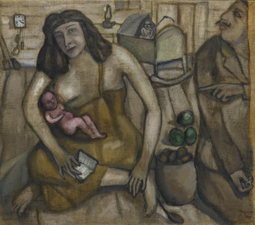 Marc Chagall, La Sainte Famille ou le Couple, 1909, huile sur toile, représentant une femme avec un enfant, homme à sa droite, dans un intérieur, tonalité brune dominante.