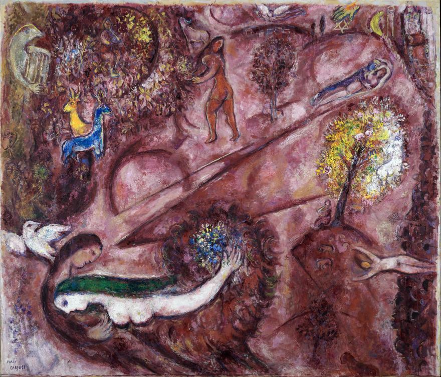 Marc Chagall, Le Cantique des Cantiques 1, huile sur toile sur papier entoilé de 1960 : dans un paysage aux diverses nuances de rose, on aperçoit deux couples enlacés, deux biches au pied d'un arbre, un oiseau jouant de la lyre et une femme nue, au corps rouge, cueillant des fleurs.