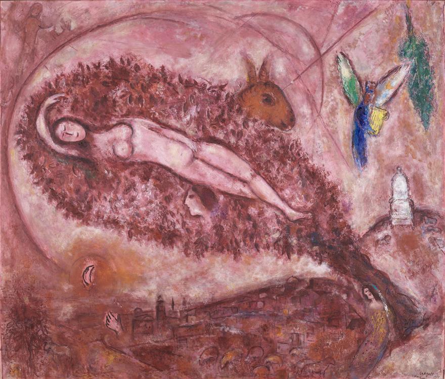 Marc Chagall, Le Cantique des Cantiques 2, huile sur toile sur papier entoilé de 1957 : dans un paysage aux diverses nuances de rose, on aperçoit une femme nue dormant, allongée sur l'herbe, surgit à ses côtés une tête d'homme et celle d'un âne. Image mentale apparaît au-dessus de la silhouette d'une ville au clair de lune.