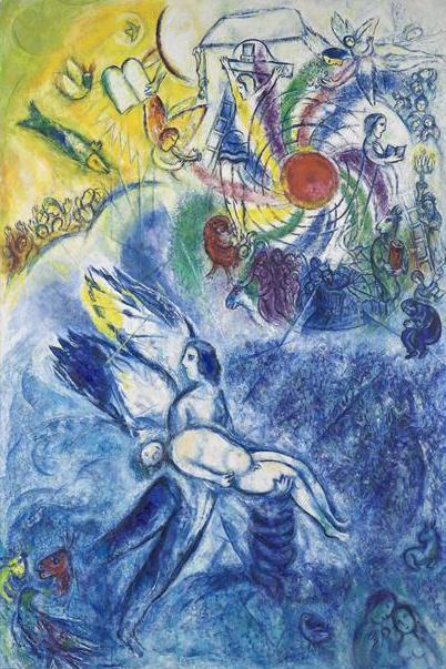 Tableau de Chagall dans les tons bleu et jaune, représentant un ange portant un homme endormi