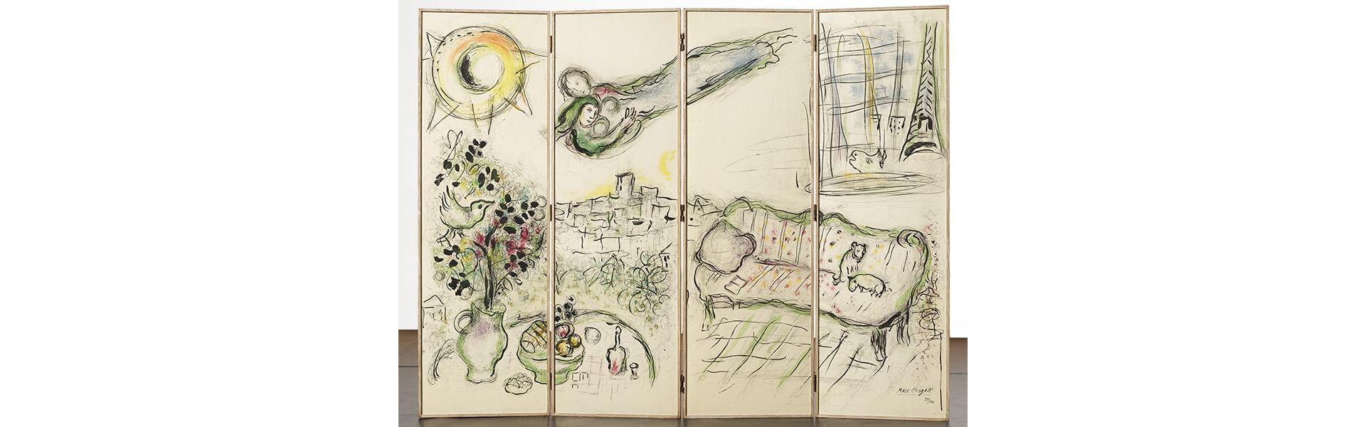 Quatre lithographies sur un paravent