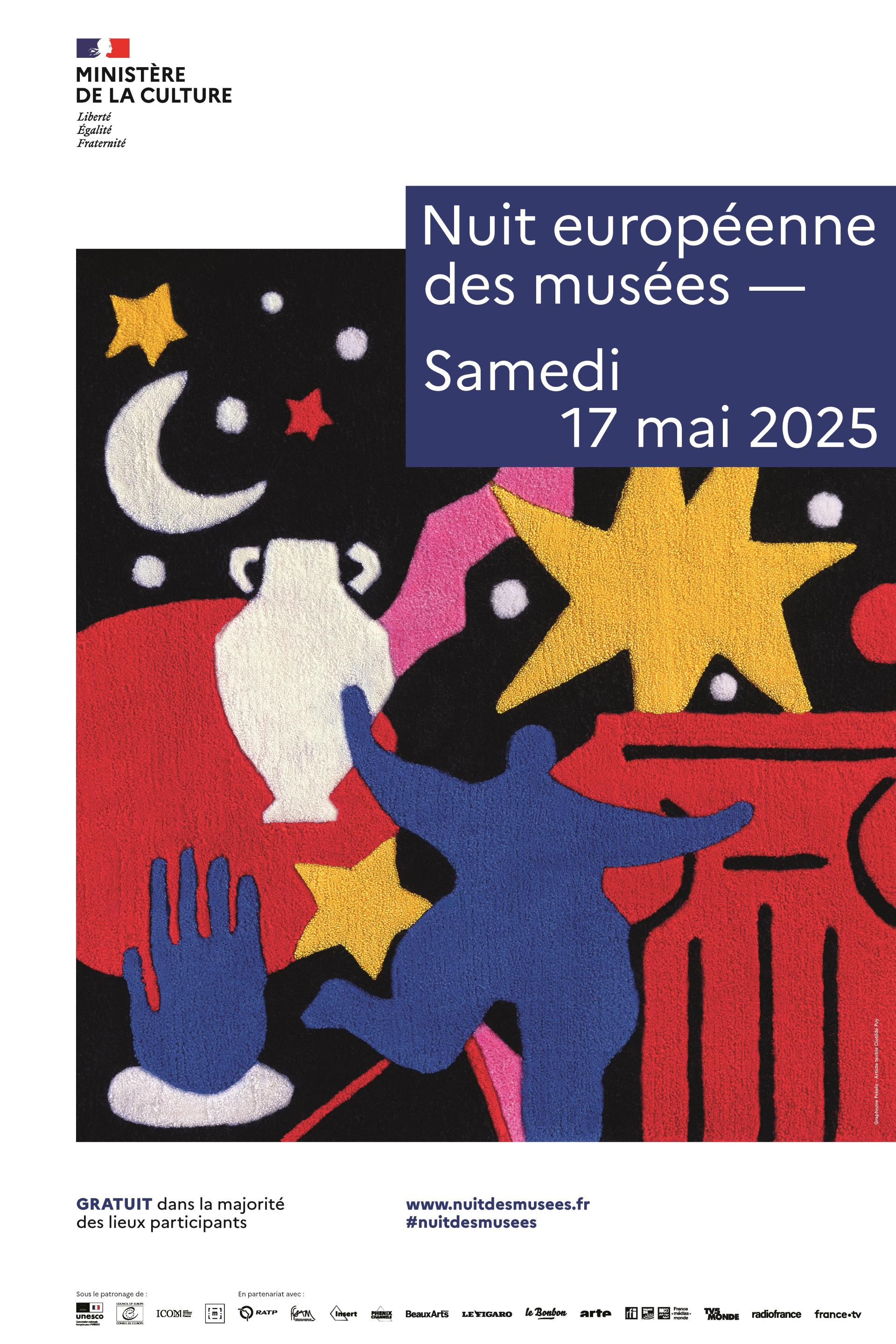 Affiche de la nuit des musées, avec une tapisserie reprenant des formes telles que la lune, des étoiles, une nana...