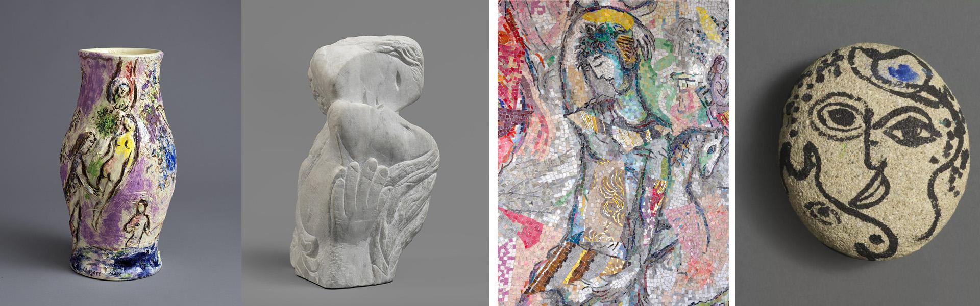 Marc Chagall, Vase mauve (1962) ; Deux têtes à la main (1952-1953); Le Message d'Ulysse (détail, mosaïque, 1968); Visage et Animaux, galet en grès gris peint (1967) - (c) ADAGP, Paris, 2025.