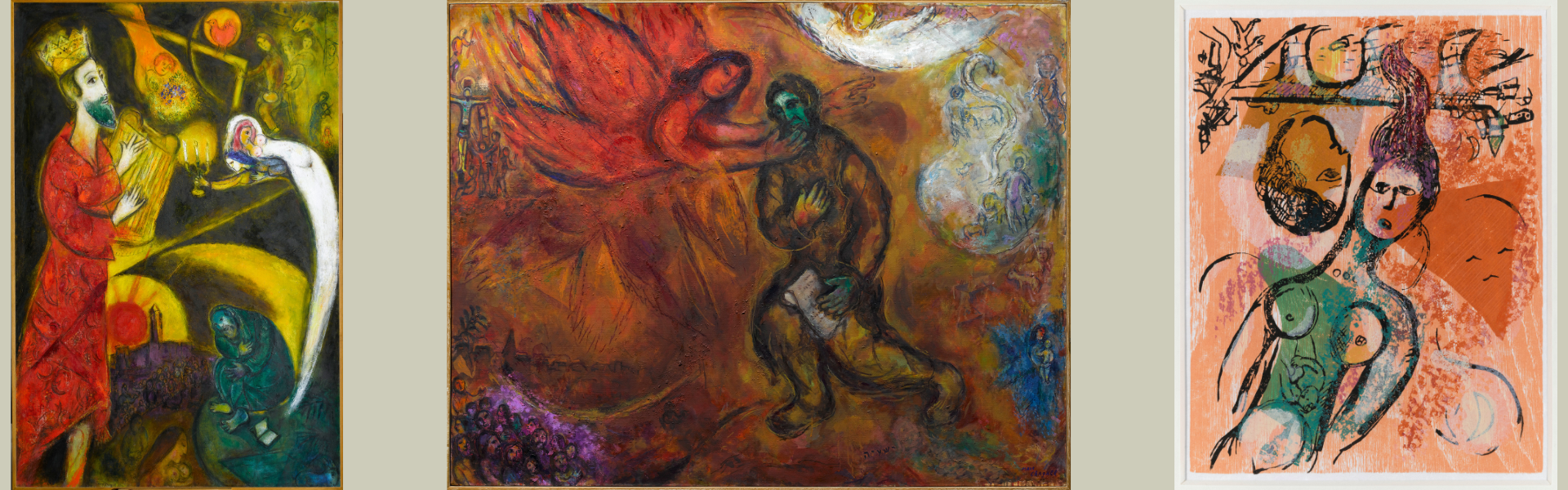 Trois tableaux de Chagall représentant le Roi David avec sa harpe, le prophète Isaie et un ange, et une des planches du livre illustré Poèmes