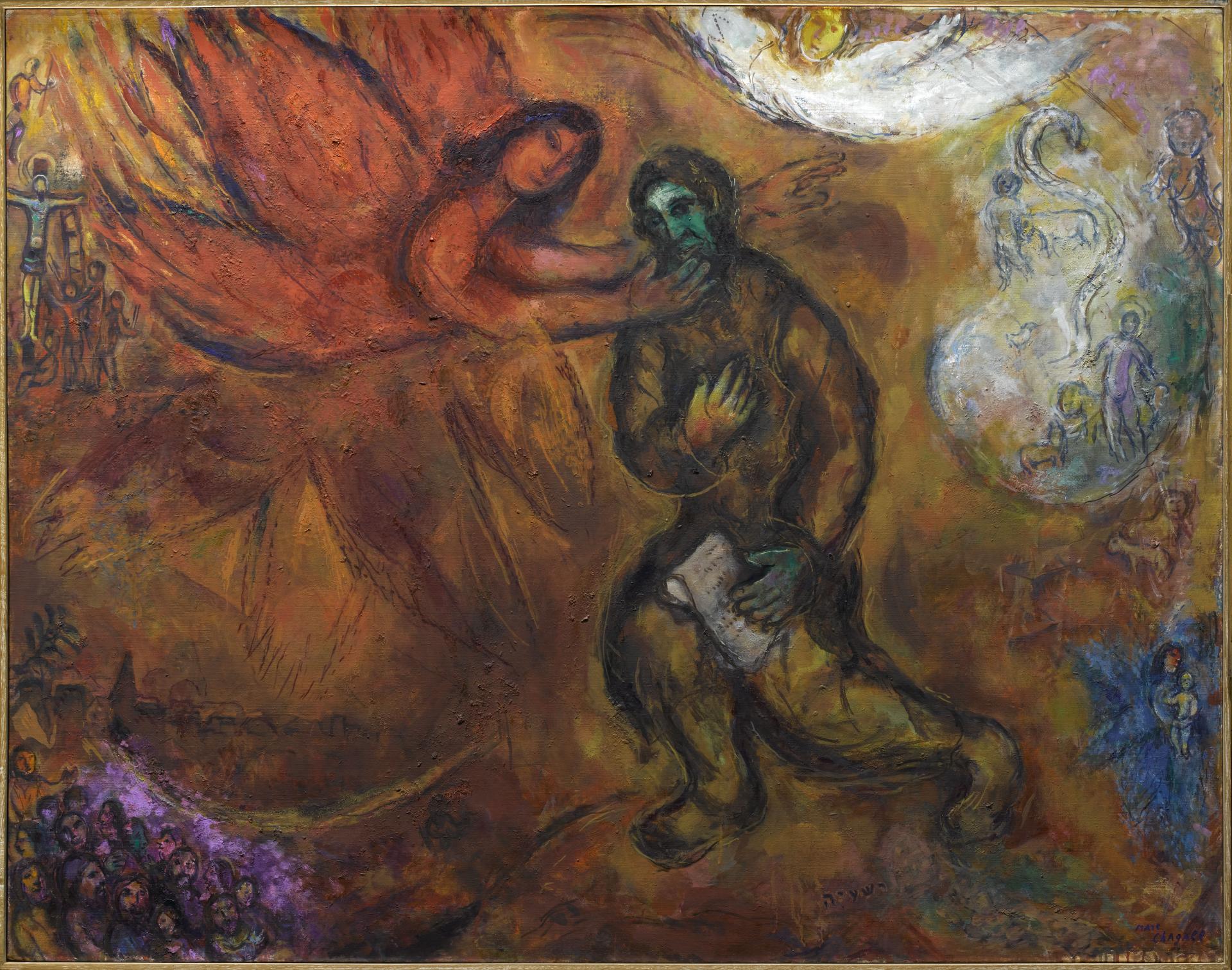 Tableau de Chagall représentant le prophète Isaie avec un ange qui le prend sans ses bras