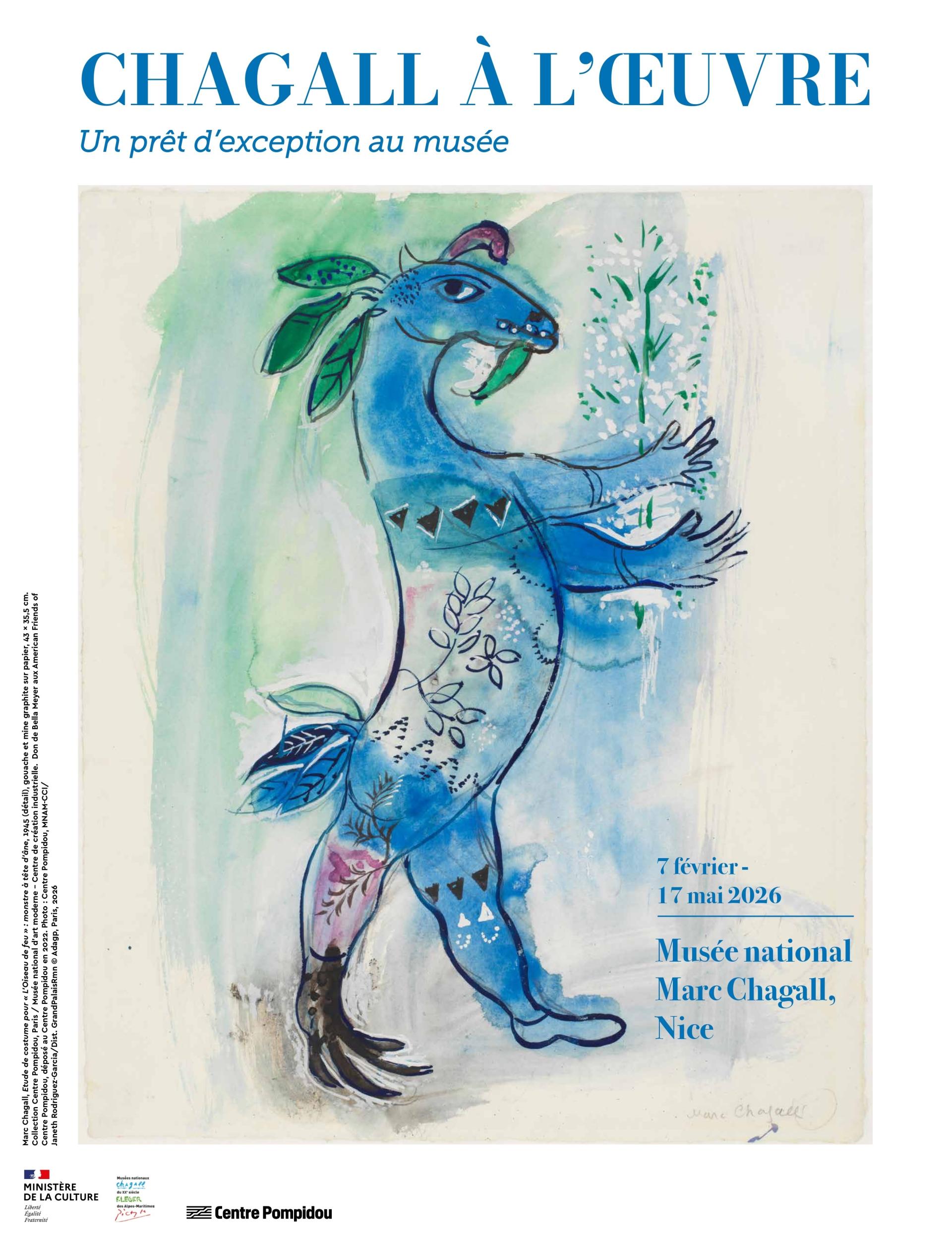 Visuel de l'affiche avec le dessin de costume de Marc Chagall Monstre tête d'âne réalisé pour le ballet l'Oiseau de feu en 1945