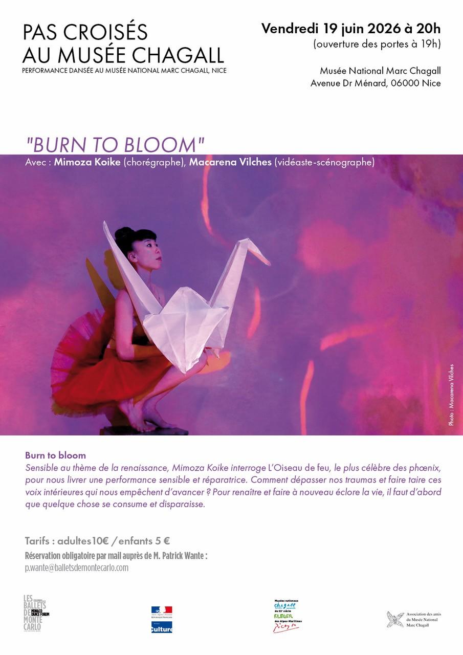Affiche de communication de la performance de Mimoza Koike le 19 juin apparaissant avec une robe rouge sur fond violet et rose et portant un cygne