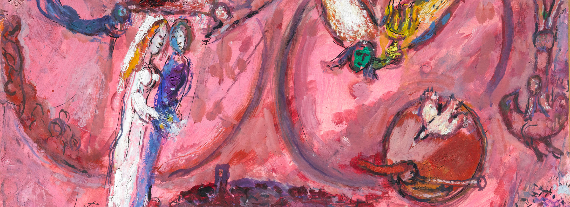 Visuel d'un couple marrié sur fond rose abstrait