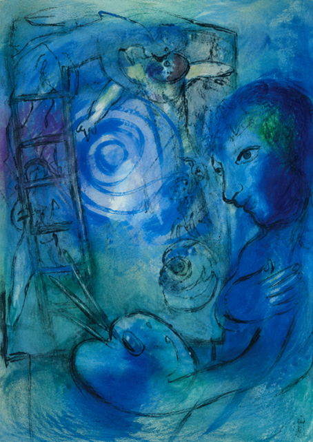 Visuel de Marc Chagall intitulé "Descente de croix sur fond bleu" couleur bleu avec le Christ et une échelle