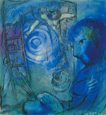Visuel de Marc Chagall intitulé "descente de croix sur fond bleu" couleur bleu avec le christ et une échelle