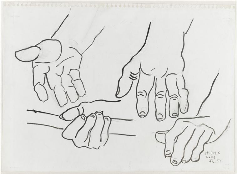 Fernand Léger, Sans titre, étude de mains, 1950, dessin, 32 x 45cm, donation de Nadia Léger et Georges Bauquier, musée national Fernand Léger. Photo : RMN-GP / Gérard Blot © ADAGP, Paris, 2020.